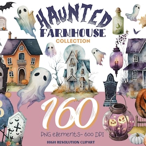 Haunted Farmhouse Clipart Bundle  Spooky Watercolor Halloween Decor  Vintage Farmhouse, Ghosts, Pumpkins, Witchy Cottagecore PNGs