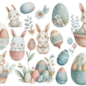 May include: Watercolour illustration of Easter bunnies and eggs. The bunnies are white with pink noses and are holding eggs. The eggs are decorated with floral patterns and colours.
