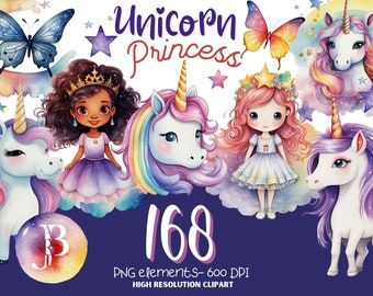 Colección de imágenes prediseñadas de princesa unicornio pastel acuarela
