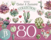 Boho Cactus and Succulent Watercolor Clipart, Boho Clipart, Valentine's Day, Cactus Pack, Succulent Wedding Invitation, Cactus Wall Art