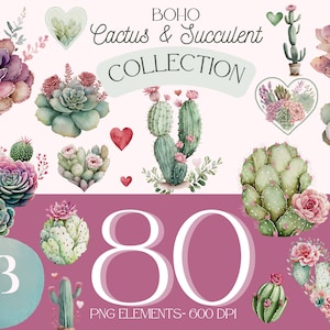 Boho Cactus e Succulent Watercolor Clipart, Boho Clipart, Dia dos Namorados, Pacote de cactos, Convite de casamento suculento, Arte de parede de cactos
