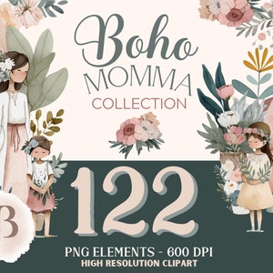Boho Momma Aquarell Clipart, Muttertag Clipart, Sofortiger Download - Kommerzielle Lizenz enthalten