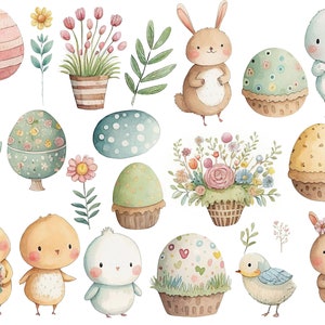 Op de afbeelding: Een aquarel-illustratie van Pasen-thema's, waaronder konijnen, kuikens, vogels, eieren en bloemen. De illustratie is in een speelse stijl met pastelkleuren.