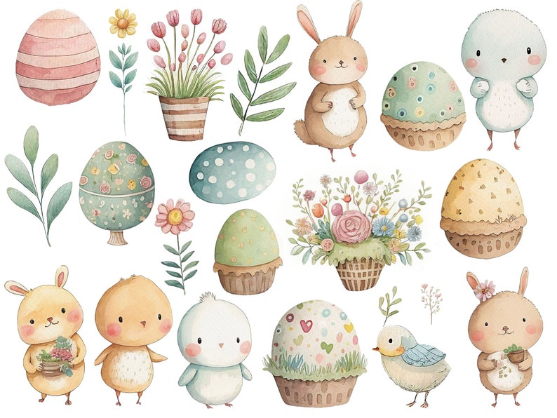 Op de afbeelding: Een aquarel-illustratie van Pasen-thema's, waaronder konijnen, kuikens, vogels, eieren en bloemen. De illustratie is in een speelse stijl met pastelkleuren.