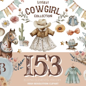 Watercolor Cowgirl Baby Clipart, Littlest Cowgirl  - Baby shower clipart, baby girl clipart, Instant download, commercial license