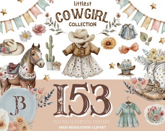 Baby Girl Cowgirl Clipart Bundle - Watercolor Western Nursery Decor PNGs
