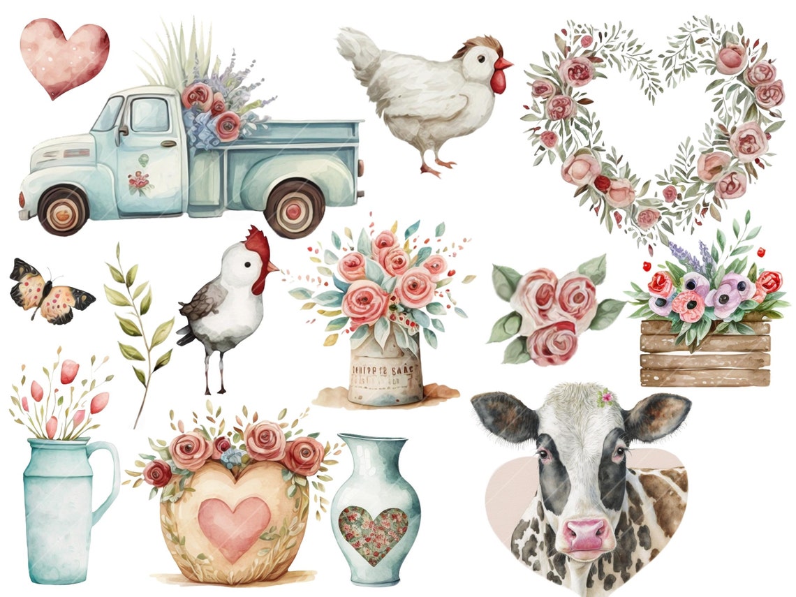 Valentine Farmhouse Watercolor Floral Truck Animal Collection - Etsy