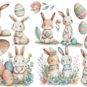 May include: Watercolour illustration of bunnies and Easter eggs. The bunnies are in various poses, some holding eggs. The eggs are decorated with different patterns and colours. There are also flowers and leaves in the illustration.