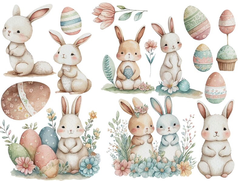 May include: Watercolour illustration of bunnies and Easter eggs. The bunnies are in various poses, some holding eggs. The eggs are decorated with different patterns and colours. There are also flowers and leaves in the illustration.