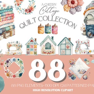 Quilt Clipart, Cheery Cottage Collection - Watercolor Sewing Clipart - PNG