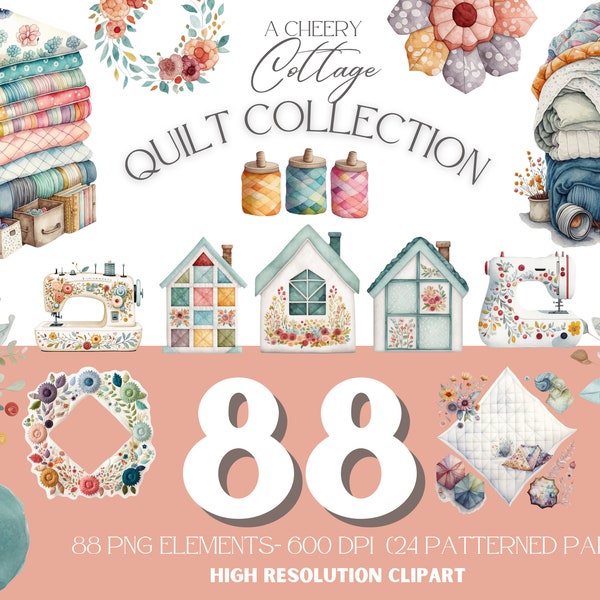 Quilt Clipart, Cheery Cottage Collection - Clipart de couture aquarelle - PNG