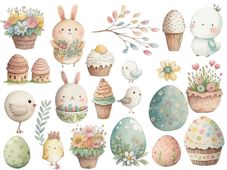 Op de afbeelding: Een verzameling aquarel illustraties met Pasen-thema's, waaronder konijnen, kuikens, vogels, eieren, bloemen en cupcakes. De illustraties zijn in een speelse stijl met pastelkleuren.