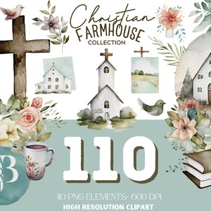 Christian Farmhouse Clipart Collection: 110 Watercolor PNG Elements - Cottagecore Faith Graphics