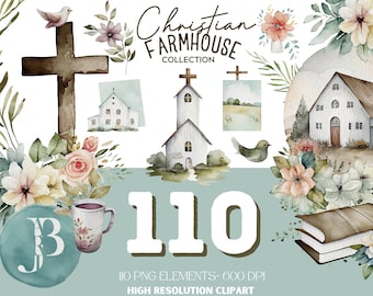 Christian Farmhouse-clipartcollectie: 110 aquarel-png-elementen - Cottagecore Faith Graphics