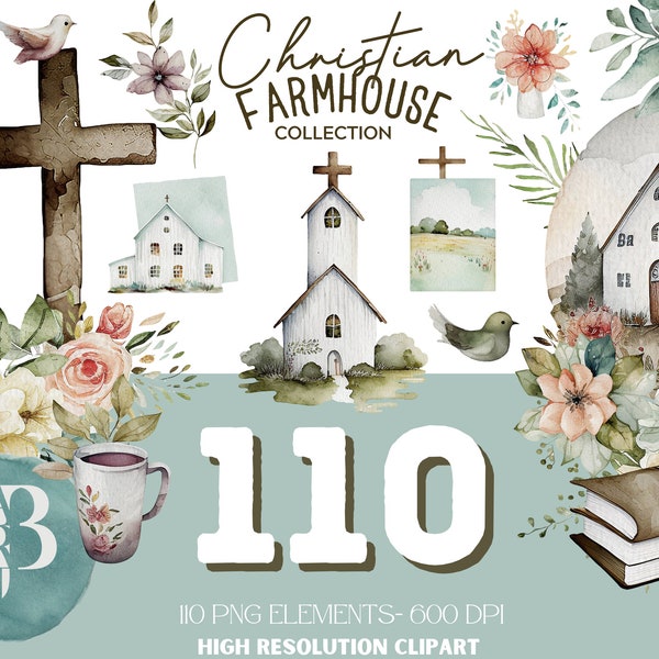 Watercolor Christian Farmhouse Clipart Collection, Instant Download, Commercial use, Religious Easter Clipart