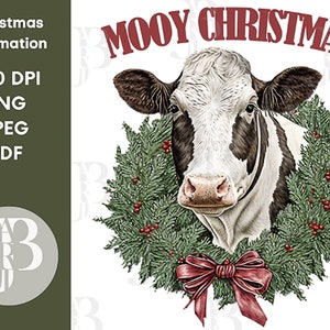 Peut inclure: Une vache noire et blanche avec un nœud rouge sort d'une couronne de Noël verte avec des baies rouges. Le texte "Mooy Christmas" est écrit en lettres rouges au-dessus de la vache.