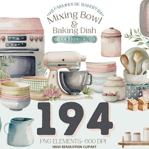 Colección de imágenes prediseñadas de Kitchen Baking Farmhouse, descarga instantánea, uso comercial, tazones para mezclar y platos para hornear