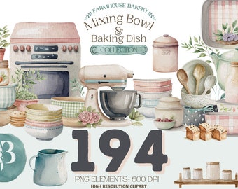 Collezione di clipart per la cottura della cucina, download istantaneo, uso commerciale, ciotole e pirofile