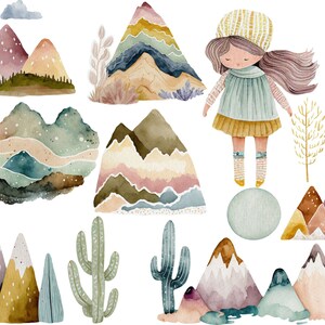 Puede incluir: Ilustraci&oacute;n de acuarela con una ni&ntilde;a de pelo largo y casta&ntilde;o que lleva un vestido azul y un sombrero a rayas amarillo y blanco de pie sobre un c&iacute;rculo azul. El fondo incluye varias ilustraciones de acuarela de monta&ntilde;as, cactus y &aacute;rboles.