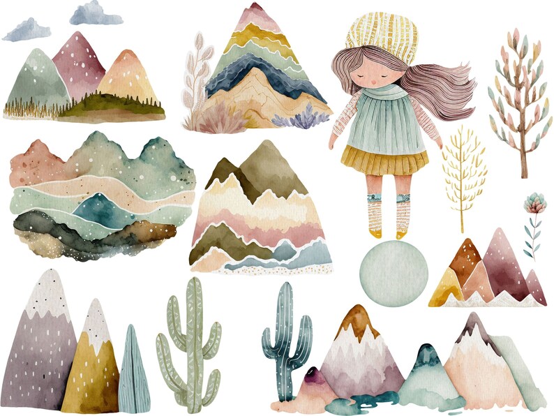 Puede incluir: Ilustraci&oacute;n de acuarela con una ni&ntilde;a de pelo largo y casta&ntilde;o que lleva un vestido azul y un sombrero a rayas amarillo y blanco de pie sobre un c&iacute;rculo azul. El fondo incluye varias ilustraciones de acuarela de monta&ntilde;as, cactus y &aacute;rboles.