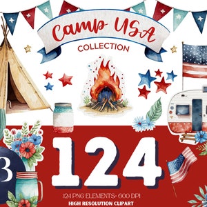 4 juillet Camper Clipart - Camp USA clipart Collection, Retro Camper, American Flag clipart, Camping Clipart, Instant Download