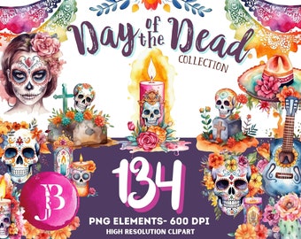 May include: A watercolor illustration set of 134 Day of the Dead themed elements. The set includes sugar skulls, candles, flowers, guitars, and more. The illustrations are in a vibrant color palette and are perfect for creating festive crafts and decorations.