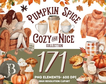 Puede incluir: Una ilustración digital de una acogedora escena de otoño con calabazas, tazas de café, tartas y una mujer leyendo un libro en una silla. El texto "Pumpkin Spice Cozy and Nice Collection 171 PNG Elements - 600 DPI High Resolution Clipart" está incluido en la imagen.
