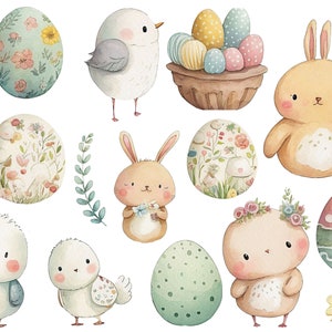 Op de afbeelding: Waterverfillustratie van Pasen-clipart met konijnen, kuikens en eieren. De eieren zijn versierd met bloemmotieven en pastelkleuren. De konijnen zijn bruin en wit met lange oren. De kuikens zijn geel en wit met pluche veren.
