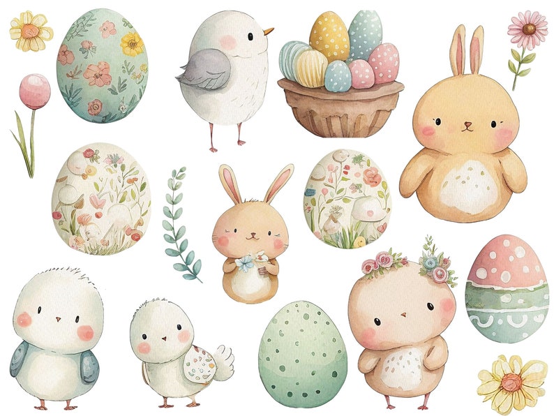 Op de afbeelding: Waterverfillustratie van Pasen-clipart met konijnen, kuikens en eieren. De eieren zijn versierd met bloemmotieven en pastelkleuren. De konijnen zijn bruin en wit met lange oren. De kuikens zijn geel en wit met pluche veren.