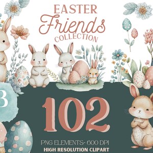 May include: A digital clipart collection of 102 Easter-themed illustrations featuring bunnies, eggs, and floral elements. The illustrations are in a watercolour style and are perfect for creating cards, invitations, and other crafts.