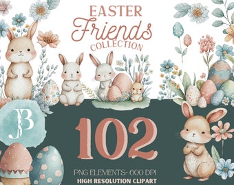 Aquarel Pasen Clipart - schattige Pasen Clipart - digitale Download Pasen Graphics, konijntjes, kuikens, Easter Egg Clipart
