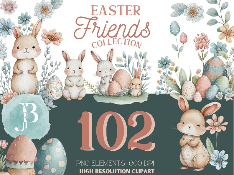 May include: A digital clipart collection of 102 Easter-themed illustrations featuring bunnies, eggs, and floral elements. The illustrations are in a watercolour style and are perfect for creating cards, invitations, and other crafts.