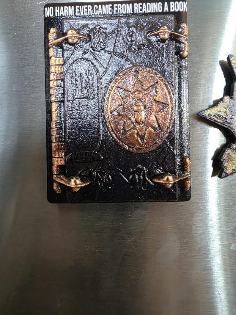 Puede incluir: Un im&aacute;n negro con forma de libro de cuero sint&eacute;tico con detalles en color bronce. El im&aacute;n presenta un emblema circular con un escarabajo y un dise&ntilde;o de estrella. El texto "NO HARM EVER CAME FROM READING A BOOK" est&aacute; en la parte superior.