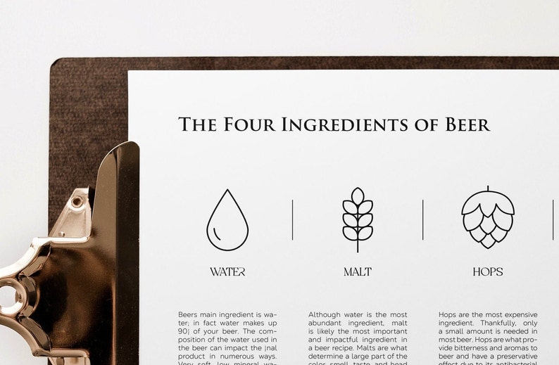 May include: A white sheet of paper with the title "The Four Ingredients of Beer" and illustrations of water, malt, and hops. The text below each illustration describes the role of each ingredient in beer.