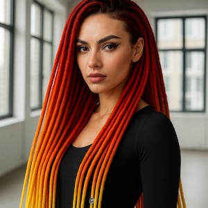 Vuurdreads, synthetische roodoranjegele gladde gehaakte DE-dreads, rode dreadlocks-extensies, double-ended dreadlocks, gladde ombre-dreads