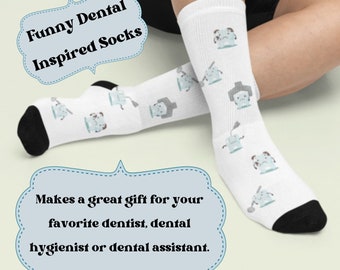 Funny Dental Crew Socks, Tooth printed crew socks, hygiene socks, dental assistant socks, gender neutral sock, Funny Dental Sock lover gift