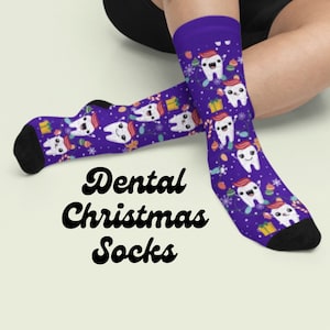 Purple Dental Crew Christmas Socks, dentist Christmas crew socks, dental hygienist Christmas crew socks, fun Christmas crew socks, DDS socks