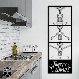 May include: Black metal wall art featuring a corkscrew in three different positions with the text "Time for Wine" and two wine glasses below.