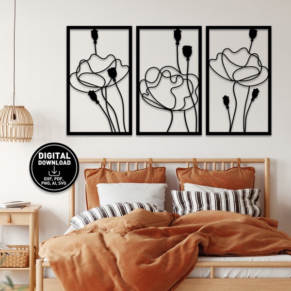 Set of 3 Poppy Flower metal wall art designs, Wall art boutique, Designer prints wall art, Art deco metal wall art, Laser cut metal