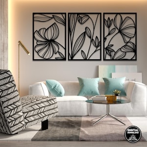 Floral Metal Wall Art SVG Bundle, 3 Panel Modern Flower Laser Cut File, DXF PNG Glowforge Ready Digital Download