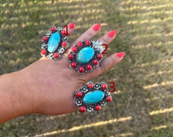 Adjustable Turquoise Coral Tibetan Silver Statement Ring, Boho Ethnic Gemstone Jewelry