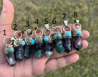 Silver Overlay Fluorite Turquoise Pendant | Handmade Healing Crystal Necklace