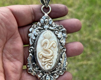 Hand-Carved Bone Om Pendant | Silver Overlay Hindu Jewelry