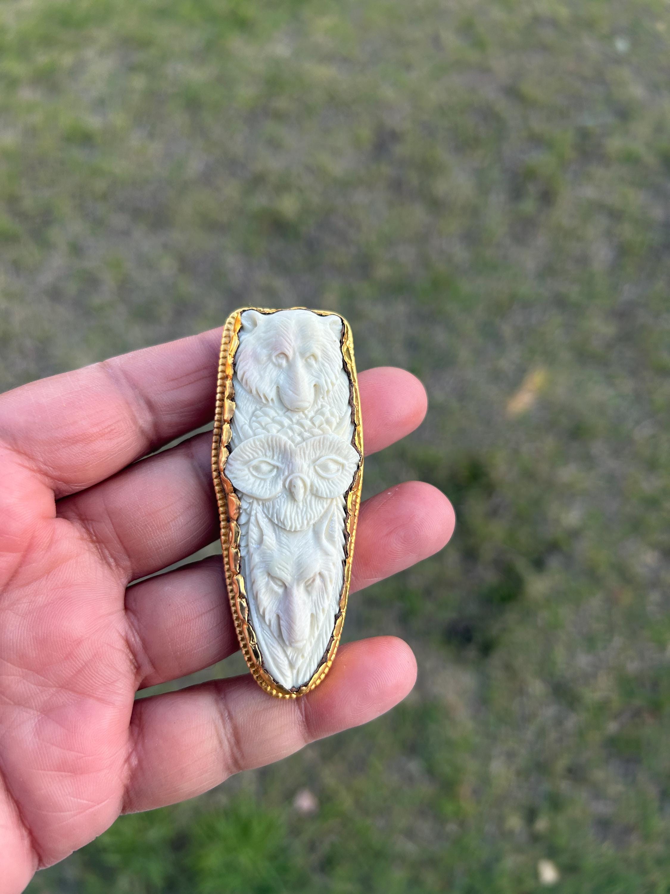 Hand Carved Bear, Owl & Fox Bone Pendant with Gold Overlay, Tribal Totem Necklace Charm, Handmad
