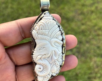 Ganesh Pendant | Hand-Carved Buffalo Bone with Silver Overlay | Hindu Elephant God Jewelry | Spiritual Amulet