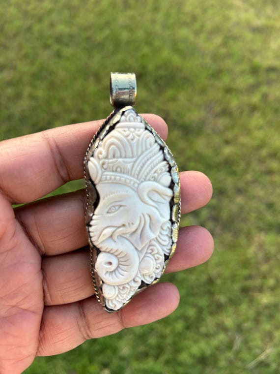 Ganesh Pendant | Hand-Carved Buffalo Bone with Silver Overlay | Hindu Elephant God Jewelry | Spiritual Amulet