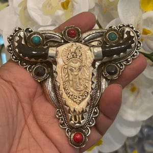Large Belt Buckle Hand Carved Ganesh, Buffalo Bone with Silver Overlay Coral & Turquoise Pendant | Bold Natural Stone Statement Jewelry