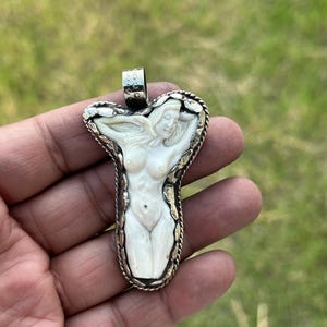 Goddess Lady Bone Carved Pendant | Divine Feminine Jewelry with Silver Overlay | Sacred Carving
