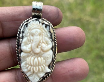 Hand-Carved Ganesh Pendant | Buffalo Bone with Silver Overlay