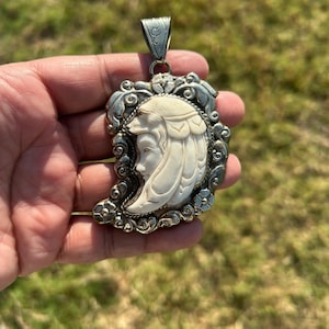 American Indian Chief Pendant | Buffalo Bone Silver Overlay | Hand-Carved Tribal Necklace | Native Spirit Jewelry